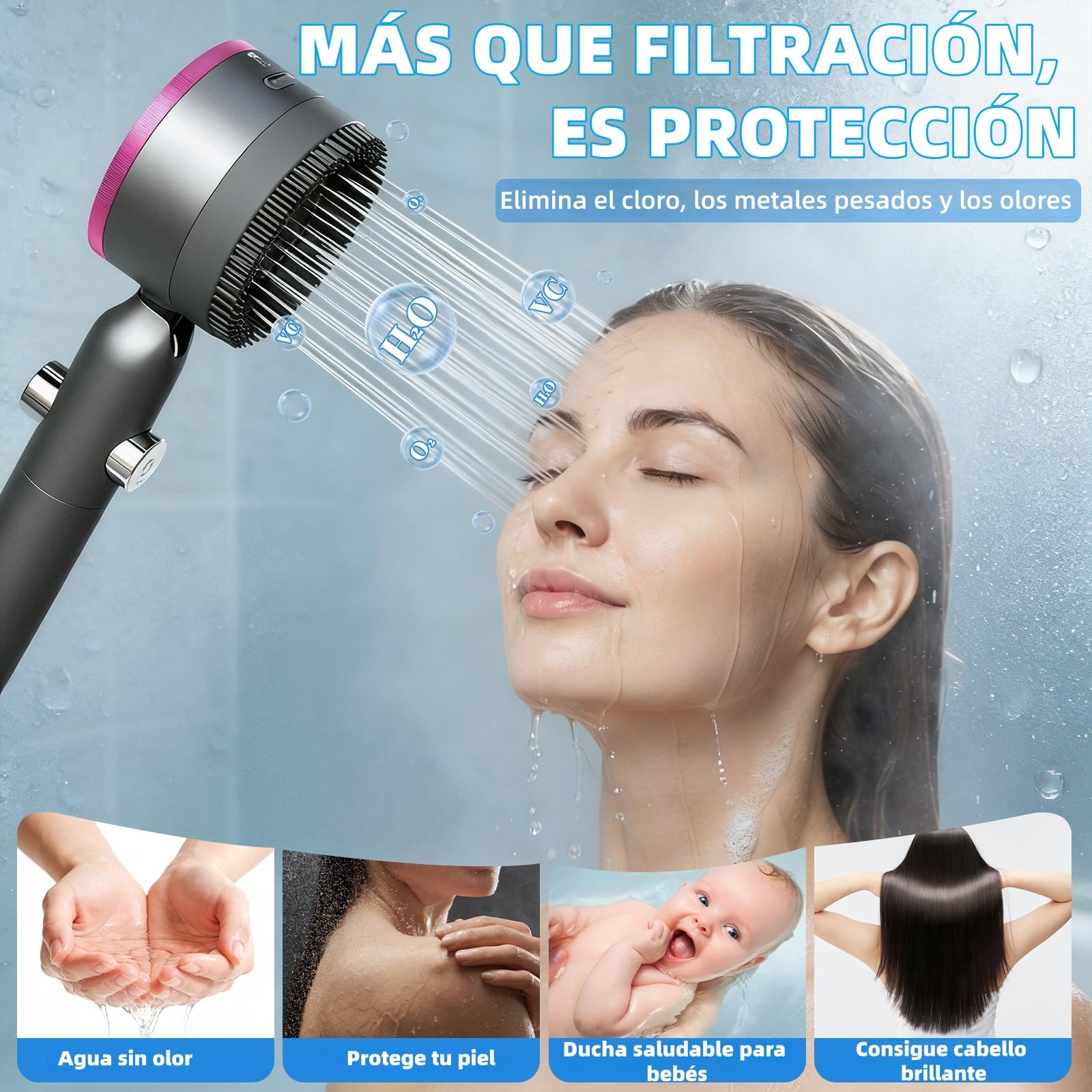 Alcachofa de Ducha con Filtro, Alcachofa Ducha de Alta Presión,Ducha Antical con Manguera de 1.5M,Soporte,Filtro*5,Alcachofas con 4 Modos,Modelo que Ahorra Agua para Agua Dura con OFF/ON — view 3