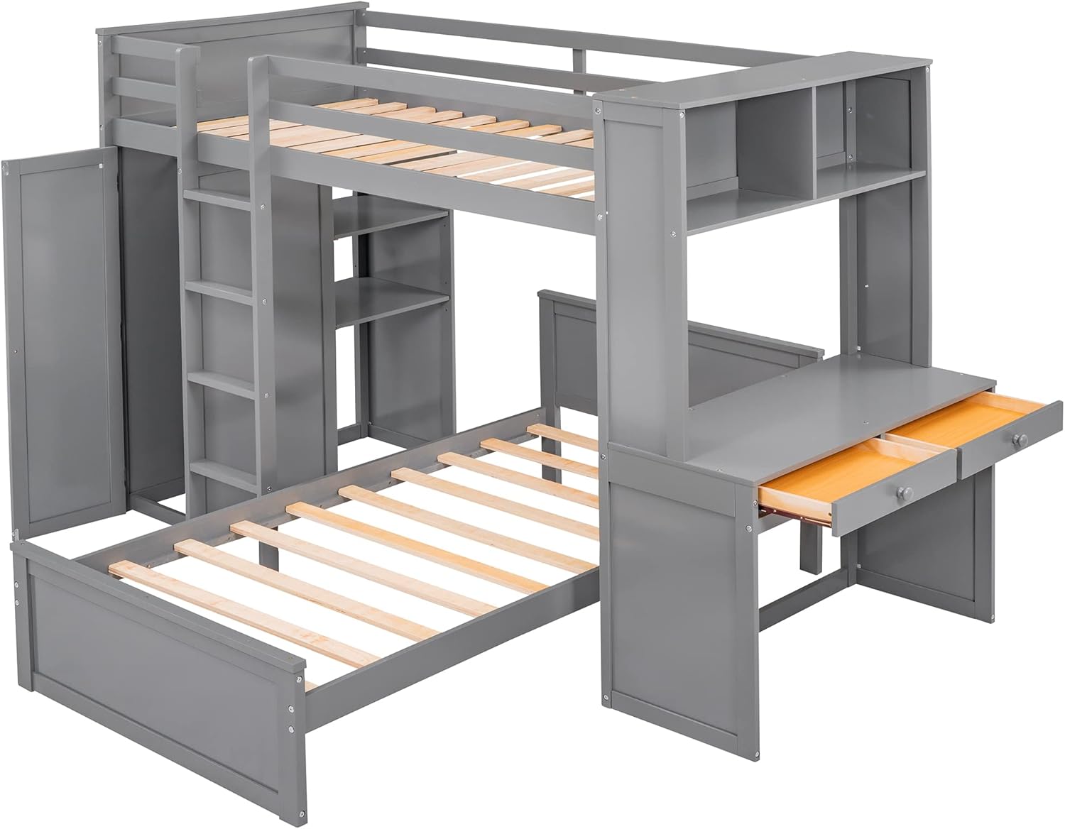 SOFTSEA Twin Over Twin Wood Bunk Bed with Desk, Wardrobe, Storage Drawers and Shelves L-Shaped Wood Bunk Beds, No Box Spring Needed