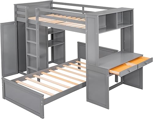 Miniatura 5 de Quarte Cama loft multifuncional de tamaño individual con una cama y escritorio independientes cama loft de madera maciza con estantes y armario para