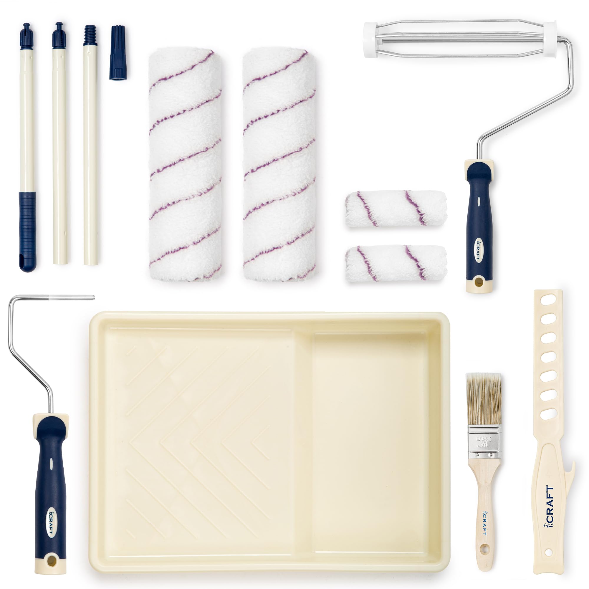 iCRAFT 10-piece Paint Roller Set – 9 inch & 4 inch Microfibre Rollers, Cage & Mini Frames, Extension Pole, Paint Tray, Flat Brush & Stirrer | Complete Wall & Ceiling Painting Kit for Interior Projects