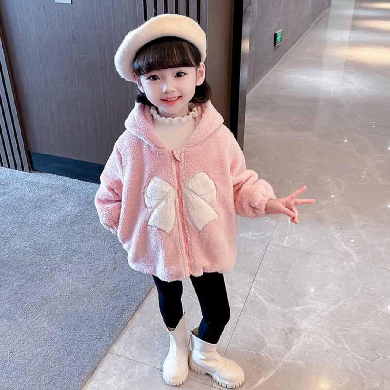 Baby clothes coat, fluffy jacket, bow, hooded cardigan, boys, girls, front opening, jumper, plain, fleece lining, outerwear, cute, short length, fleece coat, children's clothes, autumn/winter, toddle