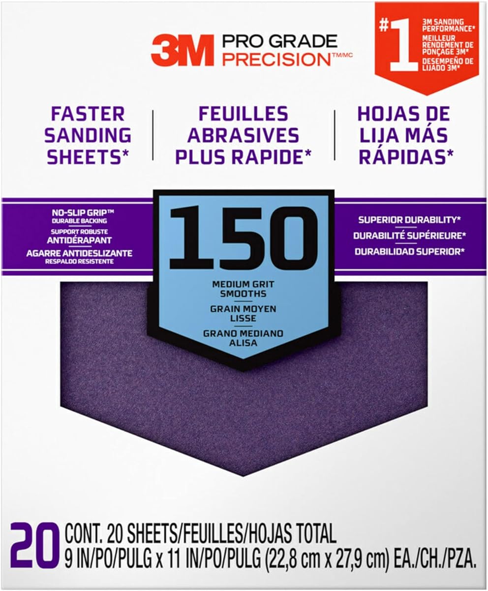 Papel de lija avanzado 3M, paquete de 20, grano 150, precisión de grado profesional 3M, con respaldo de agarre antideslizante, 9 x 11 pulgadas, para lijar madera, paneles de yeso o metal, se puede usar en superficies húmedas o secas (‎26150CP-P-G) | con AGARRE ANTIDESLIZANTE El respaldo duradero ayuda a reducir la fatiga de la mano y el desgarro al lijar