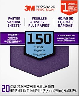3M Pro Grade Precision 150 Grit Sanding Sheets 20-Pack, No-Slip Grip, 9x11in Wet/Dry Sandpaper for Wood, Drywall, Metal