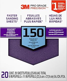 3M Advanced Sandpaper, 20-Pack, 150 Grit, 3M Pro Grade Precision, Features No-Slip Grip Backing, 9-in x 11-in, For Sanding Wood, Drywall, or Metal, Can be Used on Wet or Dry Surfaces (26150CP-P-G)