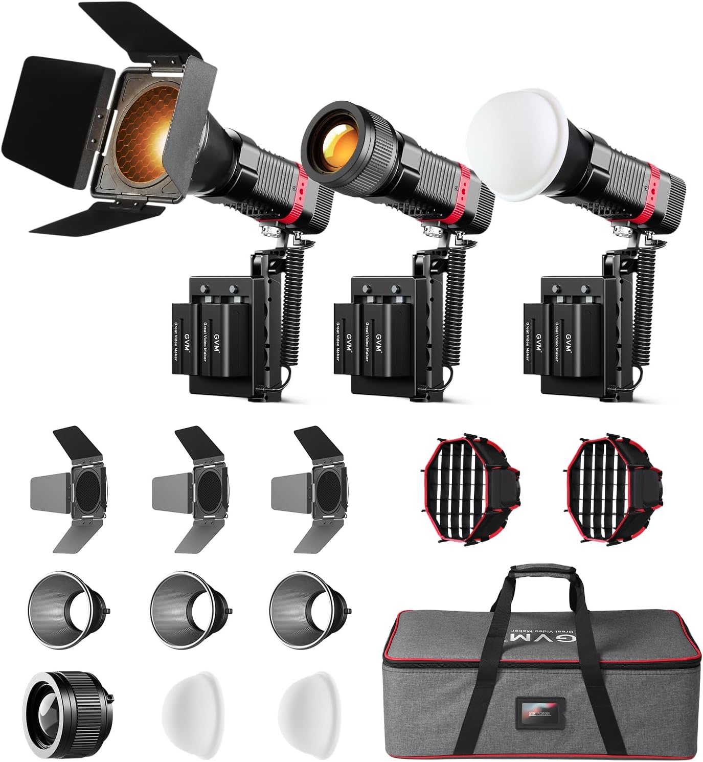 GVM 3 Packs 60W Video Light for COB Studio Lights, Portable Photography Lighting for Recording, Handheld Led Video Lighting, Spotlight for APP Control, Outdoor, 2700-6800K, 51800LUX/0.5M, 6 Batteries