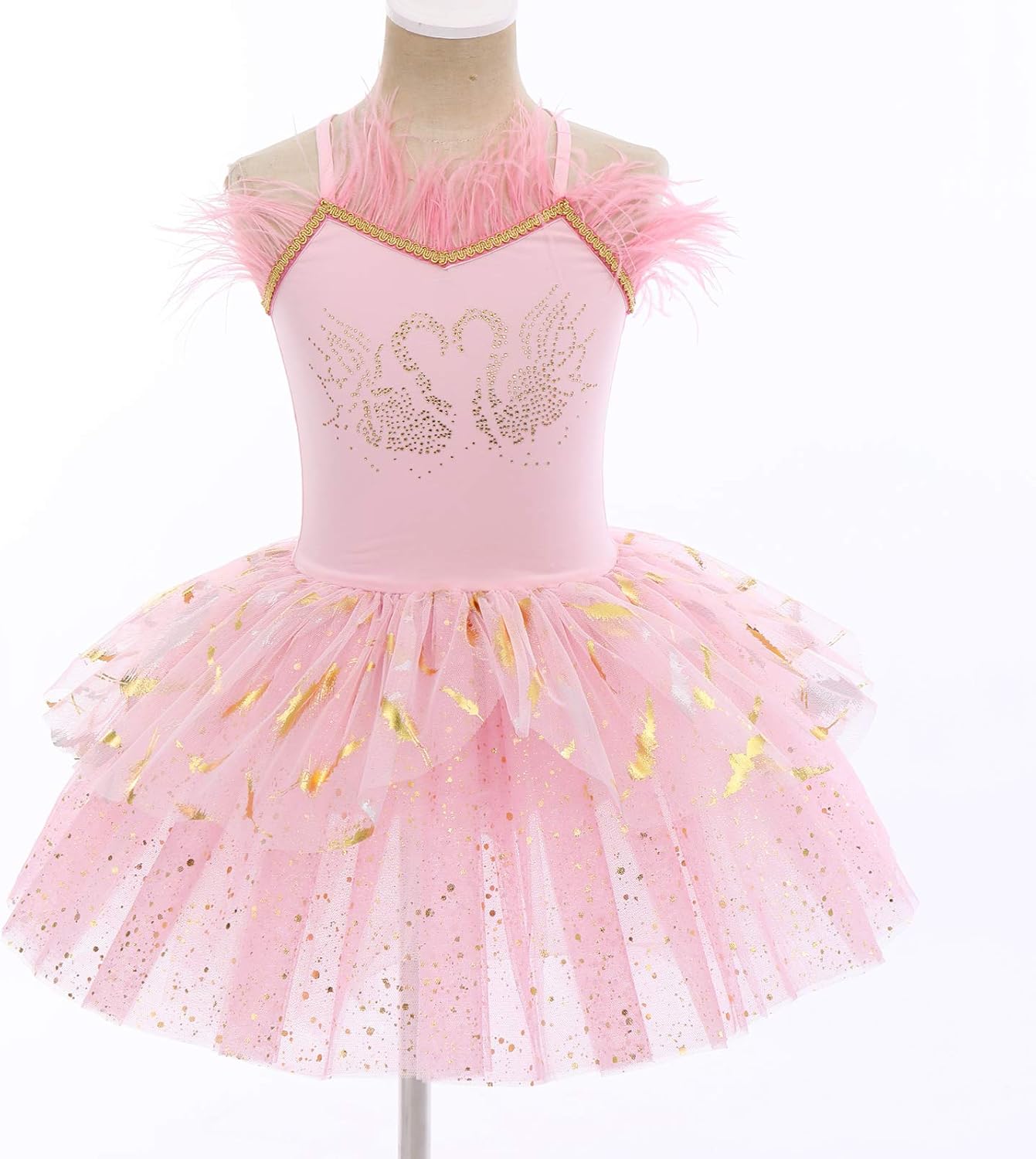 IDOPIP Kid Girls Feather Swan Ballet Tutu Dress Sequin Camisole Skirted Leotard Ballerina Dancewear Performance Dance Costume