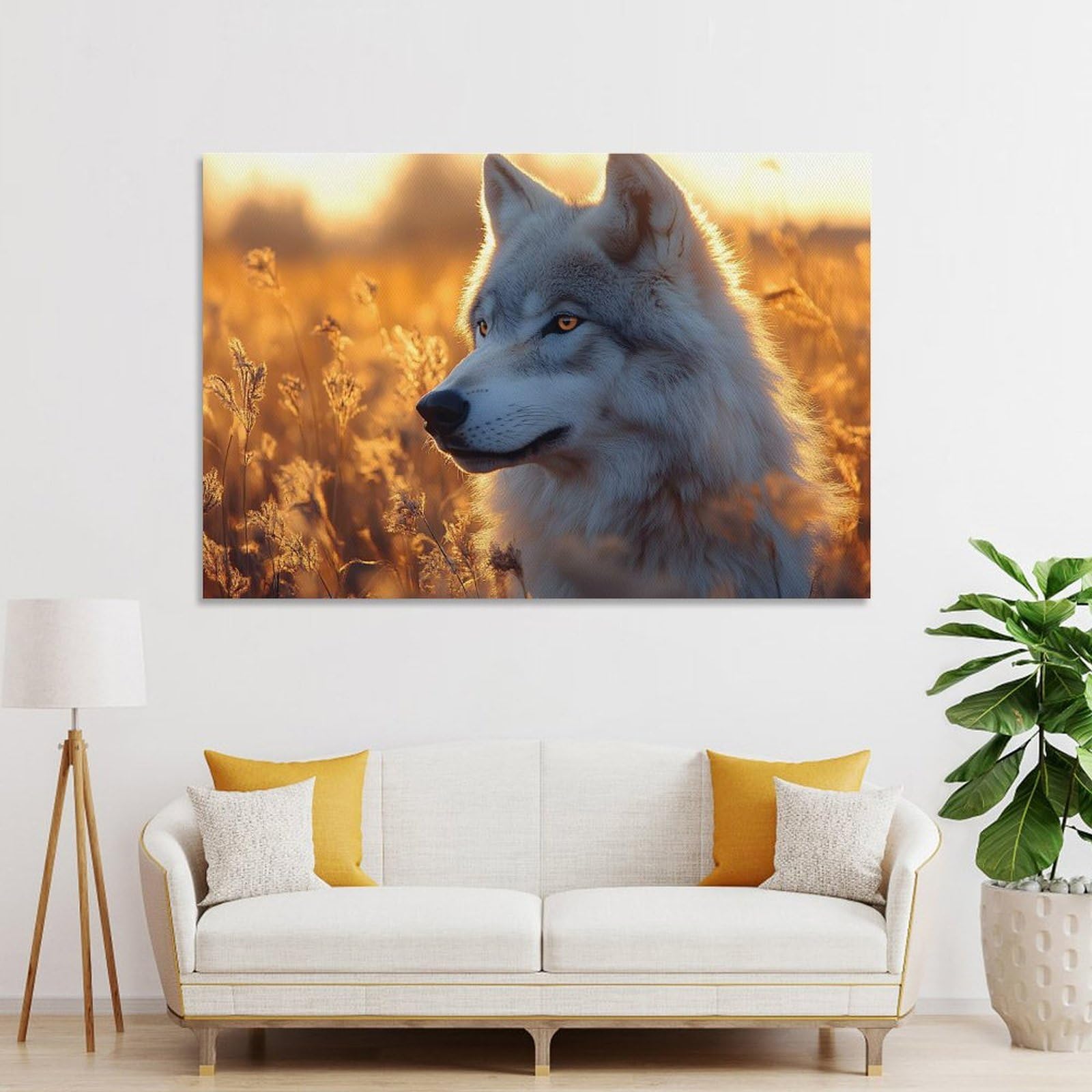 Junmoney Wolf in Golden Field at Sunset Canvas Art Print, 24x36inch(60x90cm), for Picture Wall Styling in Lounge Or Bedroom, Wall Decor Suited to Curated Displays