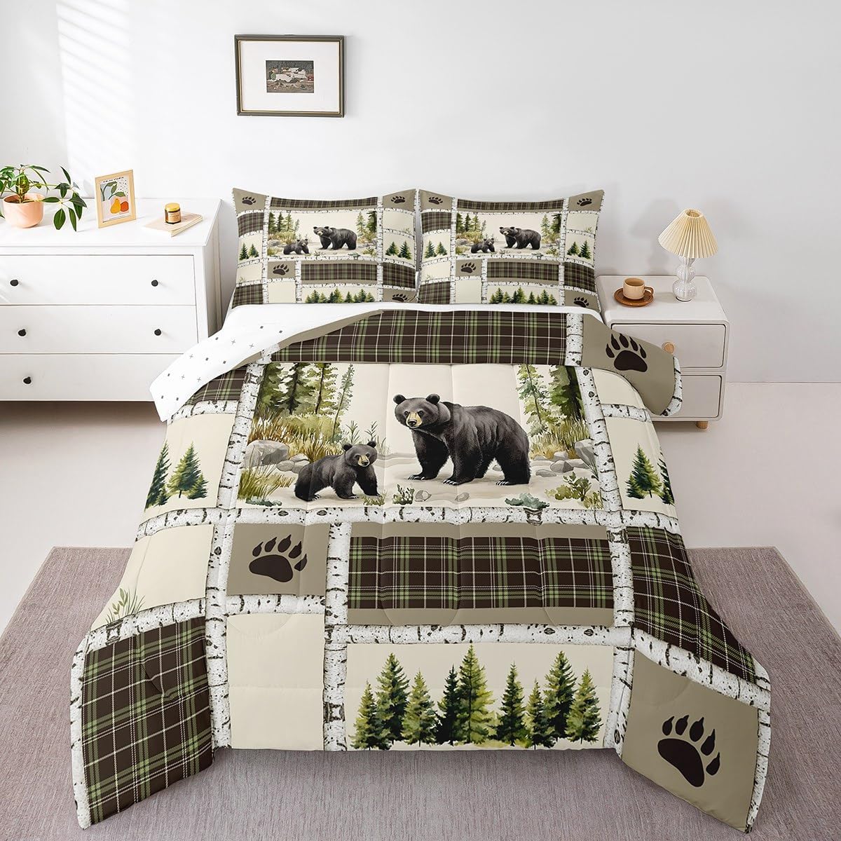 Rustic Lodge Bear Queen Comforter Set with Retro Buffalo Check Plaid Patchwork Quilt for Country Cabin Decor, Hunting Wild Animal Duvet Insert and Bedding with 2 Pillowcases