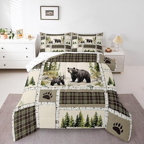 Juego de ropa de cama individual de oso negro, edredón retro de animales de bosque de caza para cabaña de campo, juego de edredón de retazos verde y