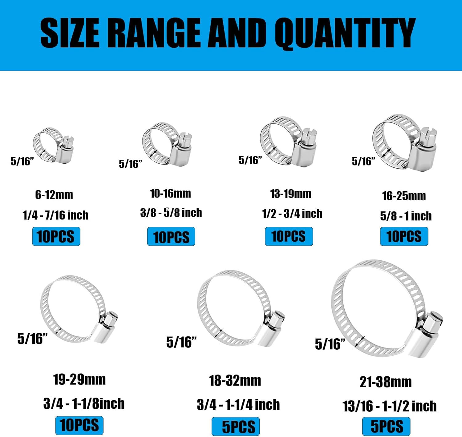 304 Stainless Steel 60 Pieces Stainless Steel Hose Clamp Assortment Kit, Adjustable 1/4''- 1-1/2'' (6-38mm) Worm Gear Metal Fuel Line Clamp for Fuel Injection Line, Automotive, Radiator