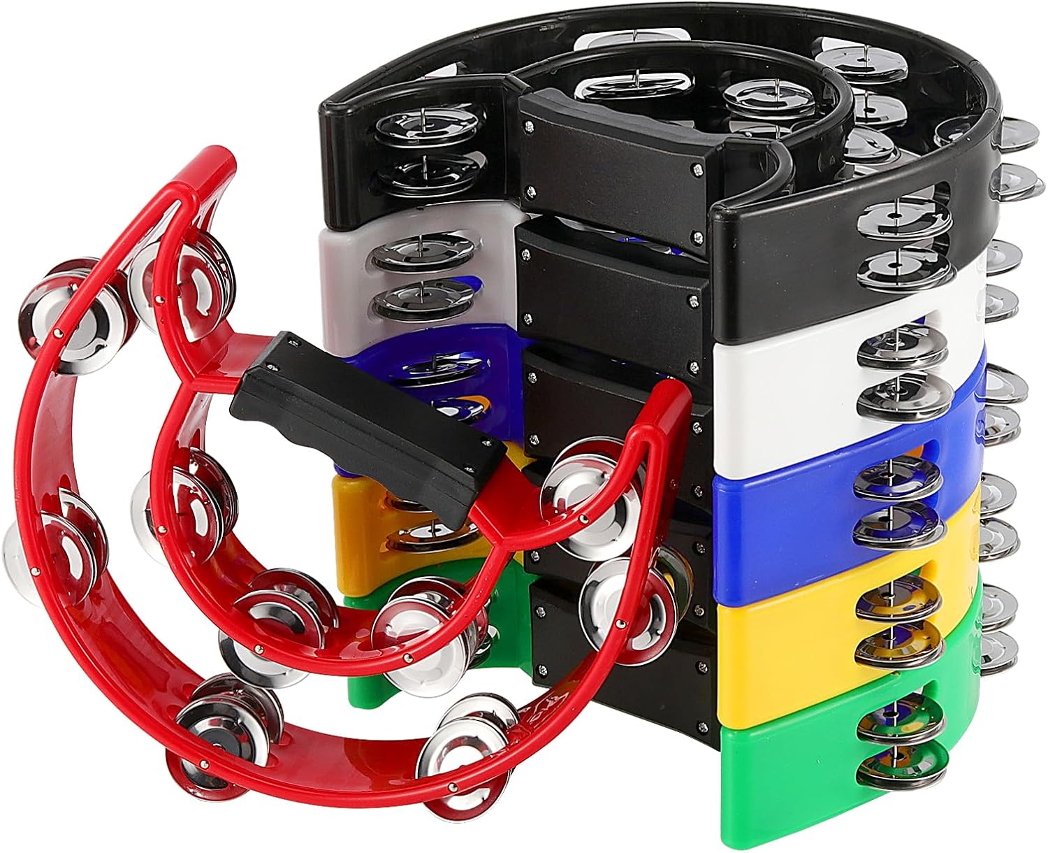 6 PCS 9 x 7.7 Inch Handheld Tambourine, 6 Colors Double Row Tambourine, Plastic Half Moon Hand Held Percussion Instrument for Music Performances, Rehearsals, Gatherings