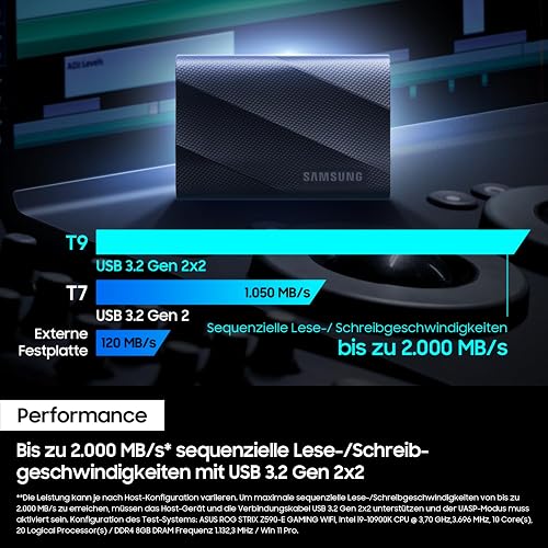 Samsung SSD Externe T9 Portable, 1 To, Vitesses de lecture/écriture jusqu'à 2000 Mo/s¹, USB 3.2 Gen 2x2, Compatible Mac, PC, Android et Appareils photo 12K, Noir, MU-PG1T0B/EU - 4