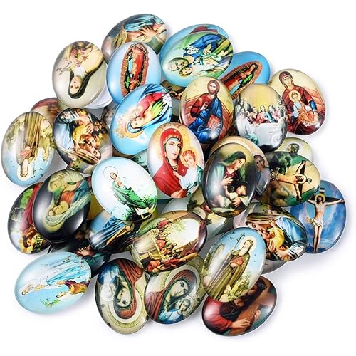 Beadthoven 100pcs Oval Jesus Virgin Printed Glass Cabochons Mixed Pattern 25x18mm Glass Cabochon Tile for Photo Pendant Jewelry Making