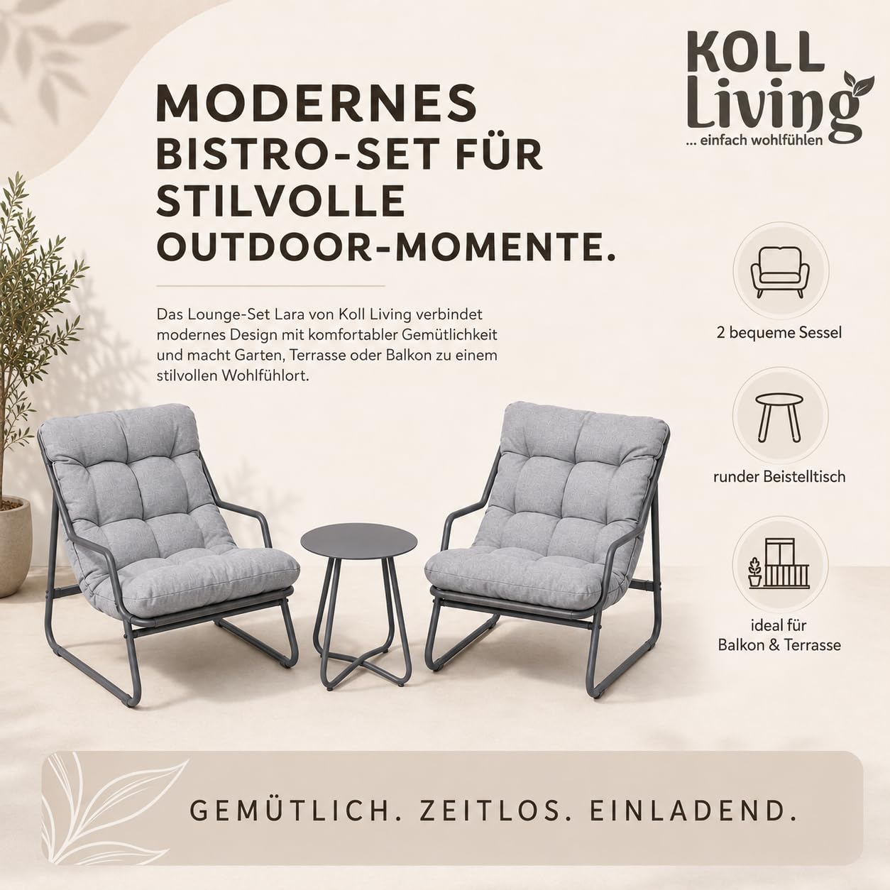 Koll Living Outdoor Bistro-Set Lara | Modernes Gartenmöbel Set mit 2 Sesseln & Tisch | Wetterfest, UV-beständig, wasserabweisend (Grau)