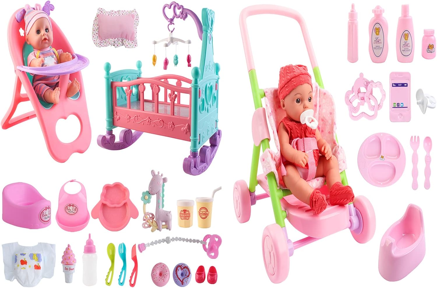 deAO Baby Doll Stroller Set + 12” Baby Doll Play Set with Crib Mobile, High Chair