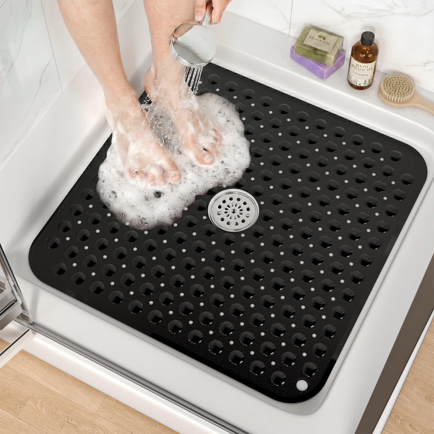 HITSLAM Square Shower Mat, Non Slip PVC Stall Mat, 24"x24", Black