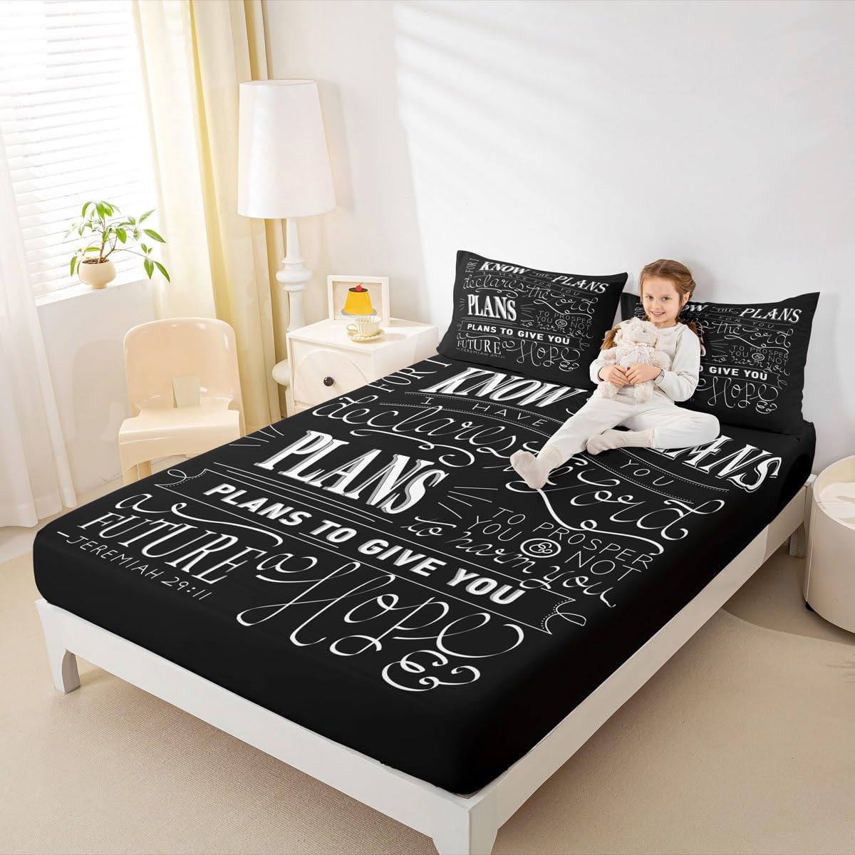 Kids Vintage Bible Verse Fitted Sheet Christian Bible Verse Jeremiah Bed Sheet Set for Boys Children Teens Bedroom Decor Modern Bedding Set Black Bedspread Cover Twin Size with 1 Pillow Case