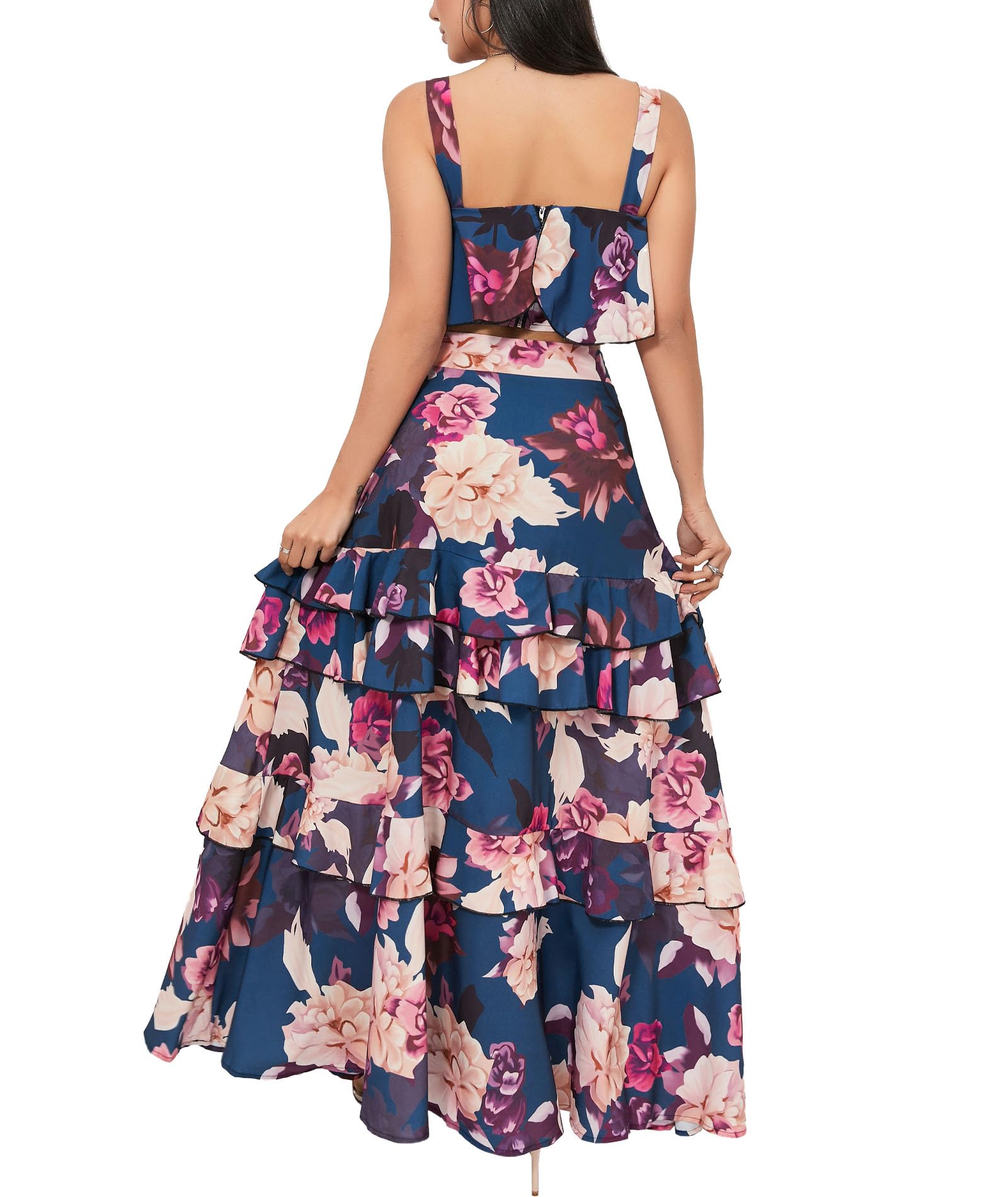SOMTHRON Conjunto de 2 piezas de verano para mujer, vestido largo con estampado floral y falda con volantes escalonados