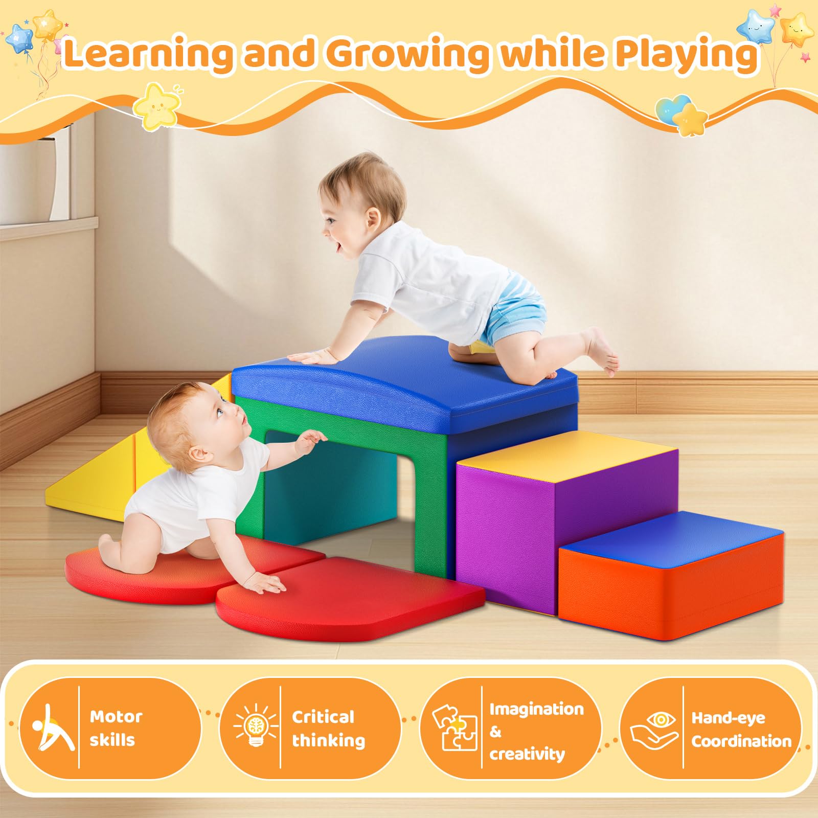 Baby-Schaumstoffbausteine, XXL Softplay-Set für Kleinkinder von 1–3 Jahren, Baby-Kletterturm mit Rutsche, große Bausteine für Indoor-Spaß (bunt-6-L)