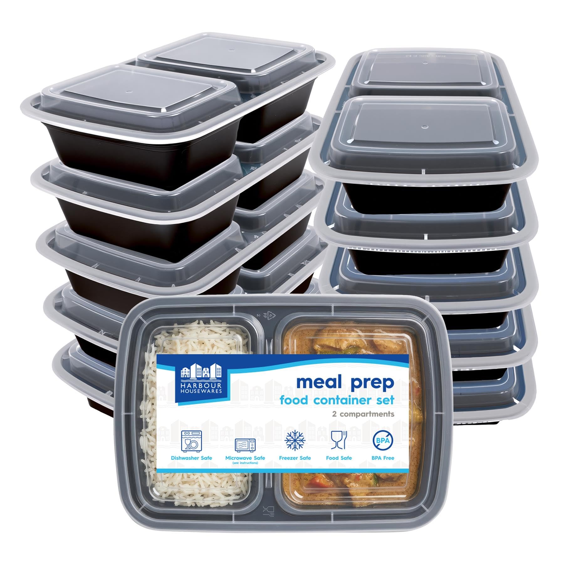 Harbour Housewares Reusable Meal Prep Containers with Lids - Pack of 10, 800ml 2-Compartment BPA-Free Food Storage Boxes, Stackable Microwave Freezer Dishwasher Safe Lunch Boxes for Meal Preparation