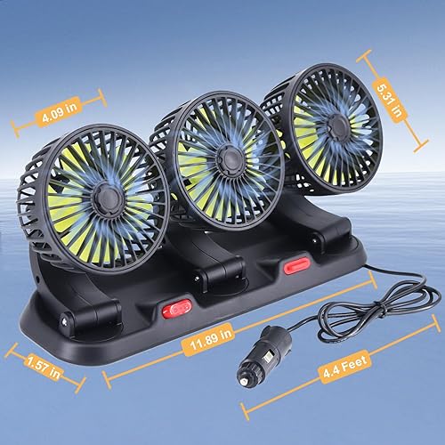 Miniatura 7 de Ventilador de triple cabezal para automóvil, CA portátil para automóvil con rotación de 360 para encendedor de cigarrillos para automóvil, RV y SUV