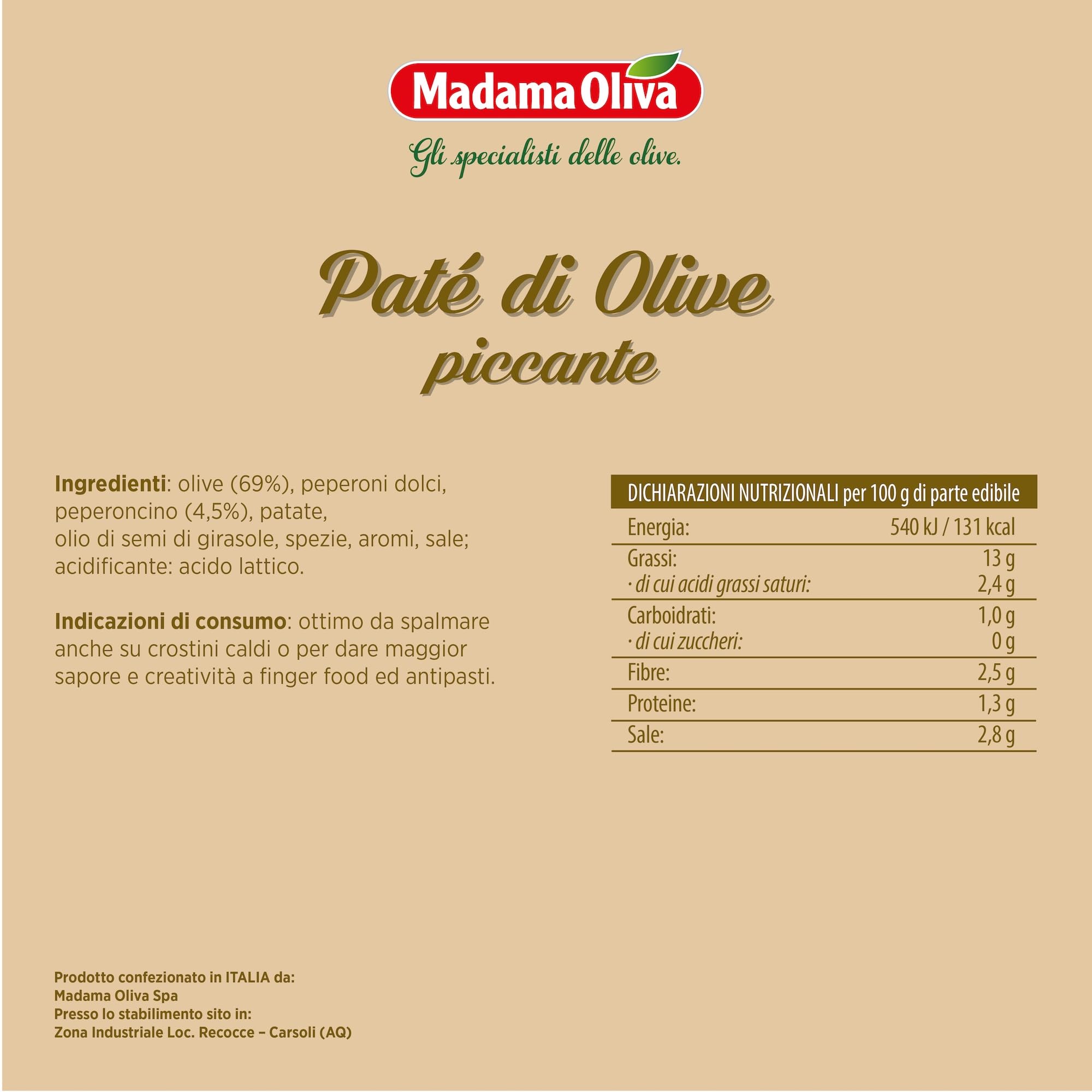 MADAMA OLIVA, Paté di Olive Piccante, Ideale da Utilizzare per Accompagnare Aperitivi, Ortaggi Freschi e Farcire Bruschette, 100% Made in Italy, 10 Buste Squeeze 110 gr