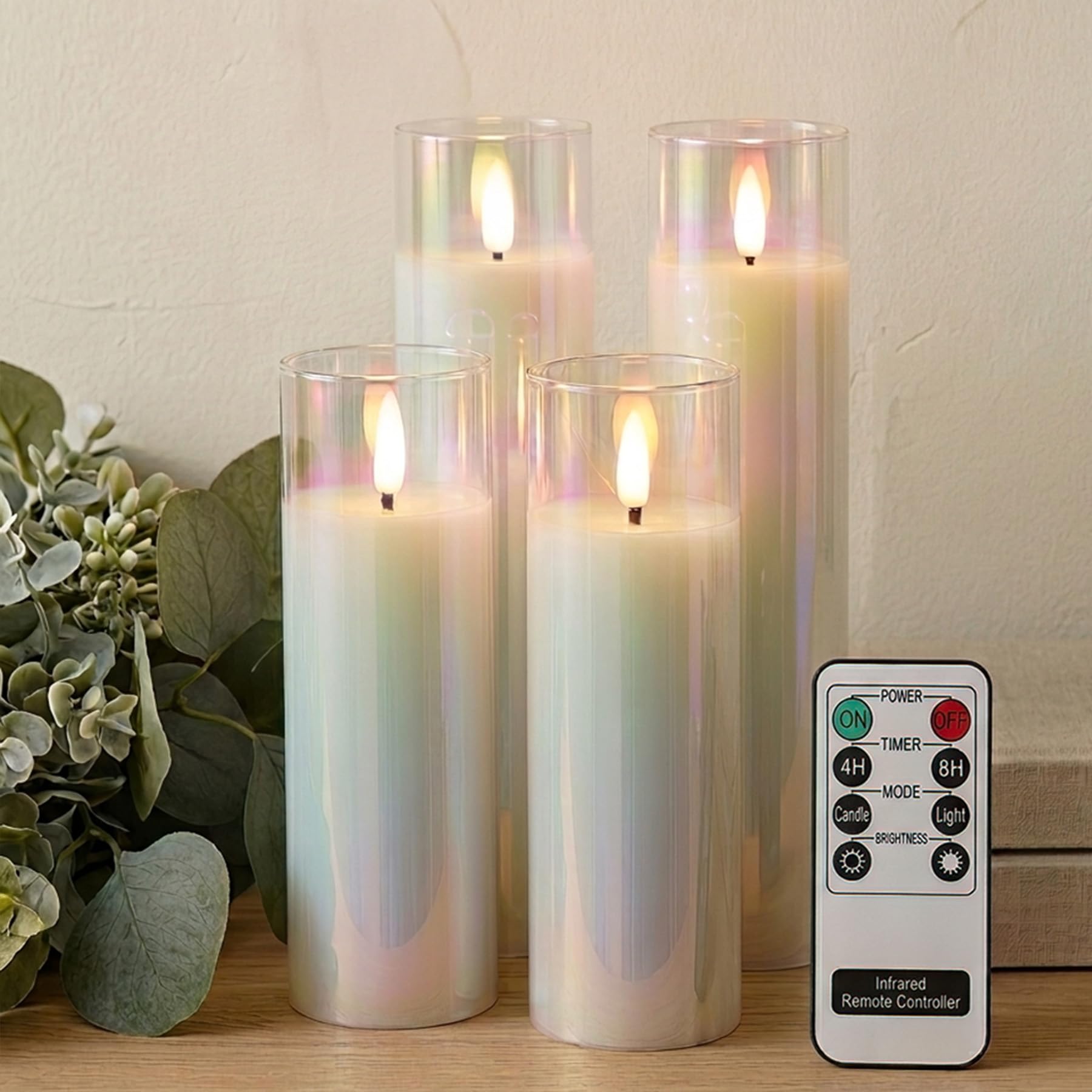 Rhytsing White Glass Pearlesent Glass Battery Operated Led Candles, White Slim Flameless Candles With Remote, Warm White Light, Batteries Included - D 5Cm - Set Of 4