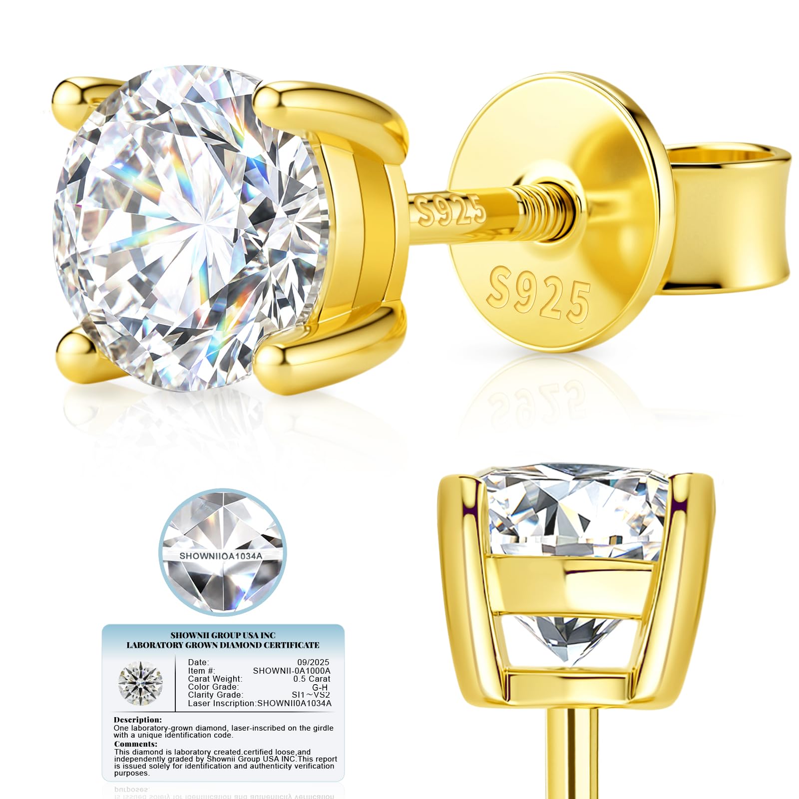 SHOWNII LAB GROWN Diamond Stud Earrings for Women Men 0.5CT 1CT Screw Back