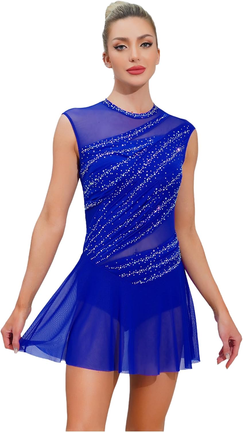 Agoky Lyrical Dance Costume for Women Rhinestone Figure Skating Dresses Sleeveless Ballet Contemporary Dancewear