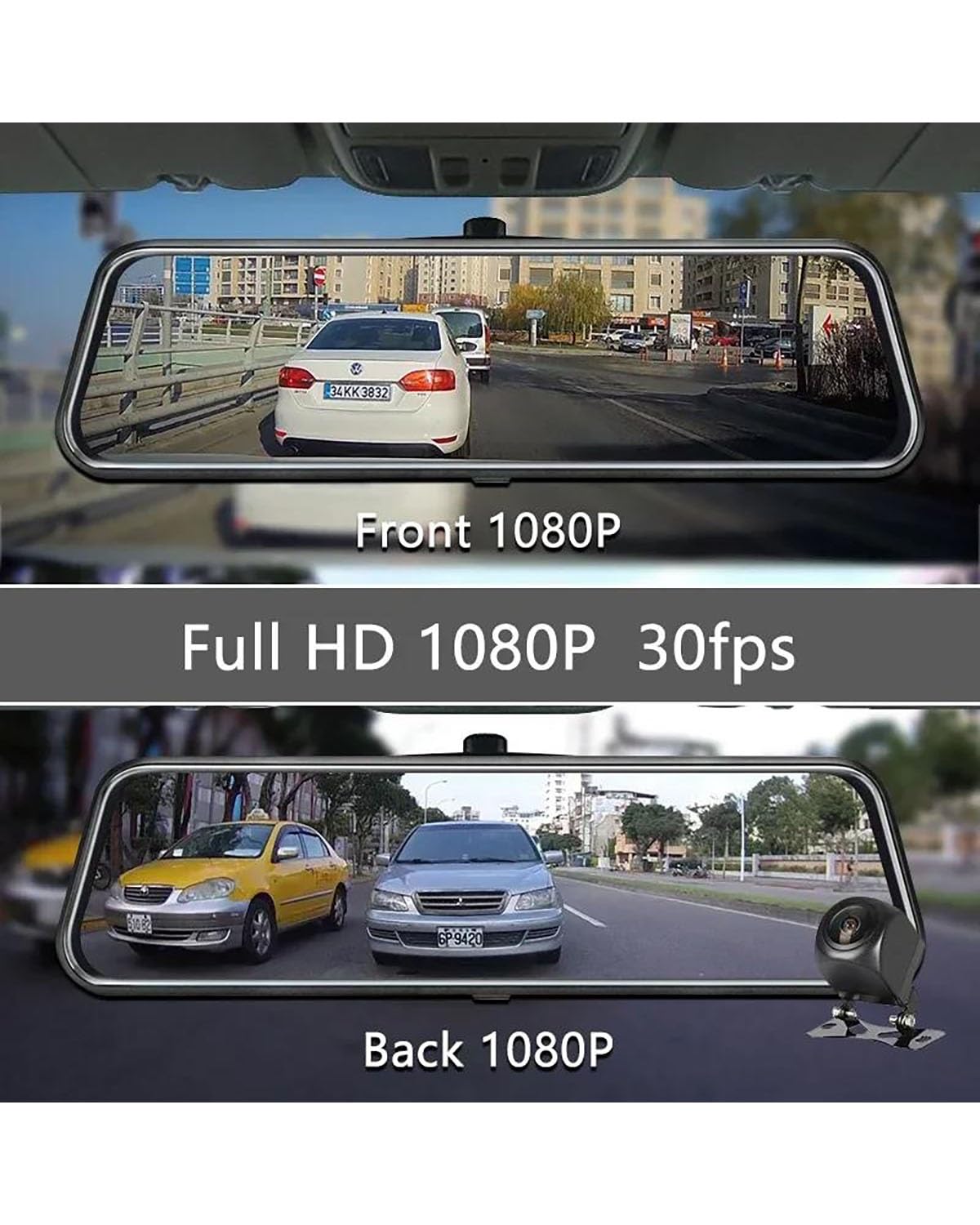 Dash Cam Auto Dashcam DVR con Schermo Touch da 10'' Auto Streaming Multimediale 1080P Doppia Lente IPS Specchietto Retrovisore Telecamera Visione Notturna Dashcam(1080P No WiFi 64G)