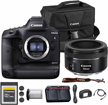 Canon EOS-1D X Mark III DSLR Camera | 20.1MP Full-Frame CMOS Sensor, DIGIC X Processor & 4K Video | Professional Sports & Wildlife Camera 3829C002 + Canon EF 50mm f/1.8 STM Lens + Bag + 256GB Card