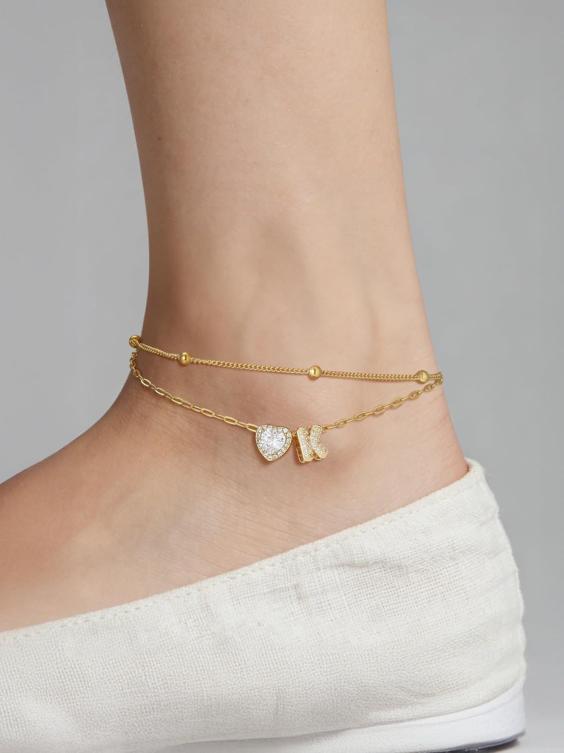 FindChic Initial Anklet for Women, Silver/Gold Plated Layered Beaded Ankle Bracelet with Cubic Zirconia Initial Charm, Adjustable Waterproof Non-Tarnish Foot Jewelry for Summer Beach