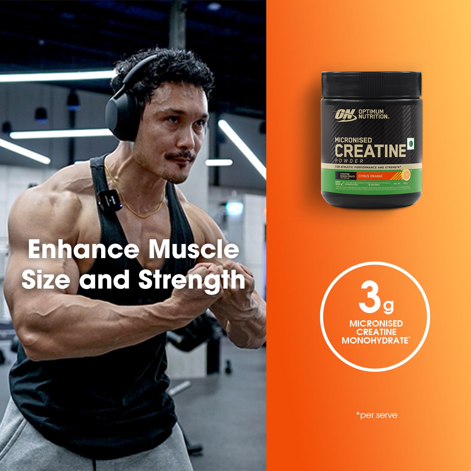 Optimum Nutrition (ON) Micronized Creatine Powder - 100 Gram, 26 Serves, Citrus Orange, 3g of 100% Micronised Creatine Monohydrate per serve, Supports Athletic Performance & Strength — Amazon image 3