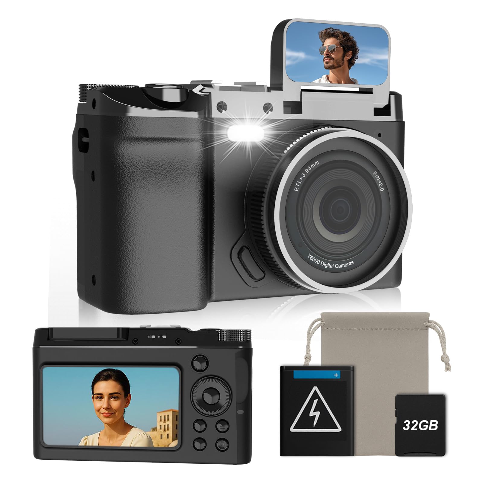 Fotocamera digitale 4K 64 MP, fotocamera compatta retrò con doppio schermo e flash, batteria a lunga durata, zoom 16x, fotocamera per vlogging con diverse modalità (scheda SD da 32 GB)
