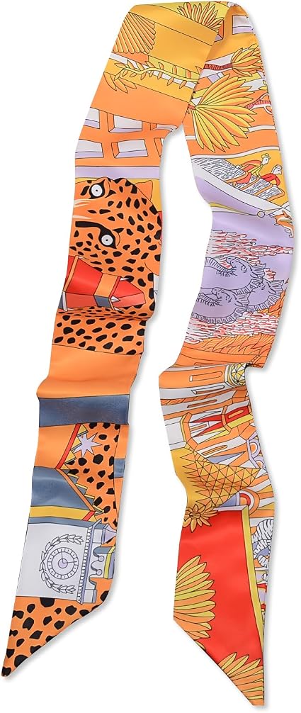 Foulard En Soie Étroit Léopard Imprimé - Écharpe Longue Femme Fille Satin Motif Animal Fleur Colorée Polyvalente