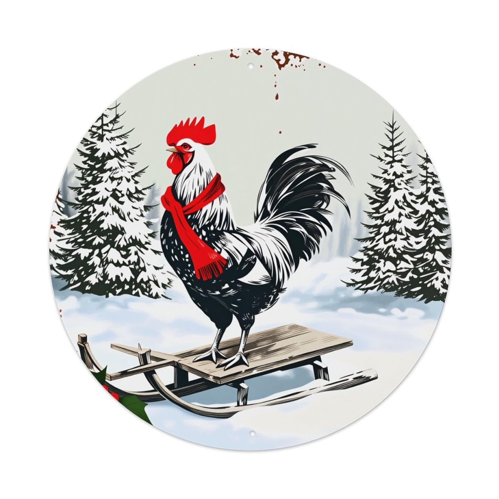 Rooster On Sled Winter Scene Round Tin Sign Vintage Metal Poster Retro Bar, Home, Man Cave, Kitchen, Laundry Room Wall Art Decor Gift 8x8In