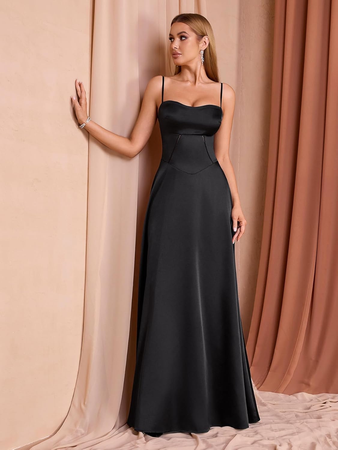 KUTUMAI Satin Maxi Dress Spaghetti Strap Lace Up Long Formal Dresses for Women Wedding Guest Cocktail Evening Prom - Image 5