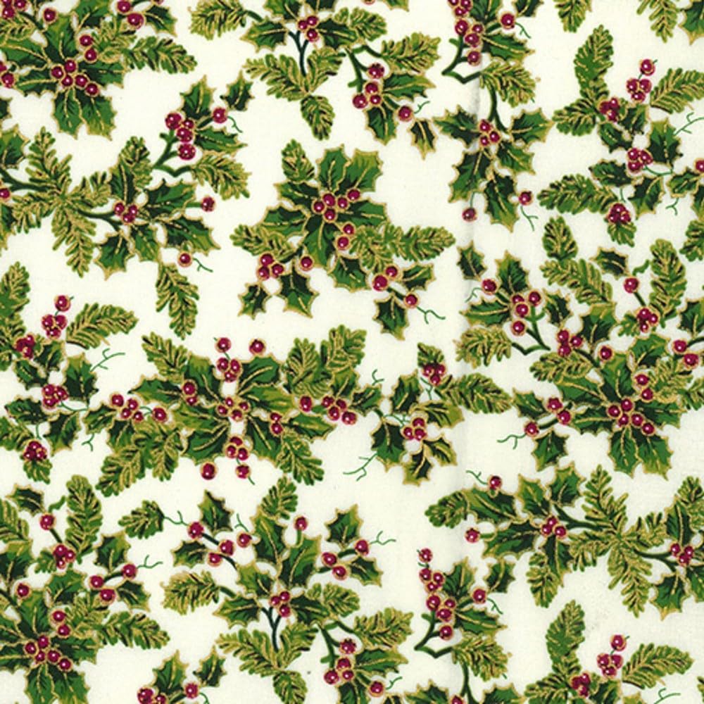 Oh Sew Crafty Limited Cream 100% Cotton Fabric Rose & Hubble Christmas Vintage Holly Berries 135Cm Wide (Price Per Metre) (Cream)
