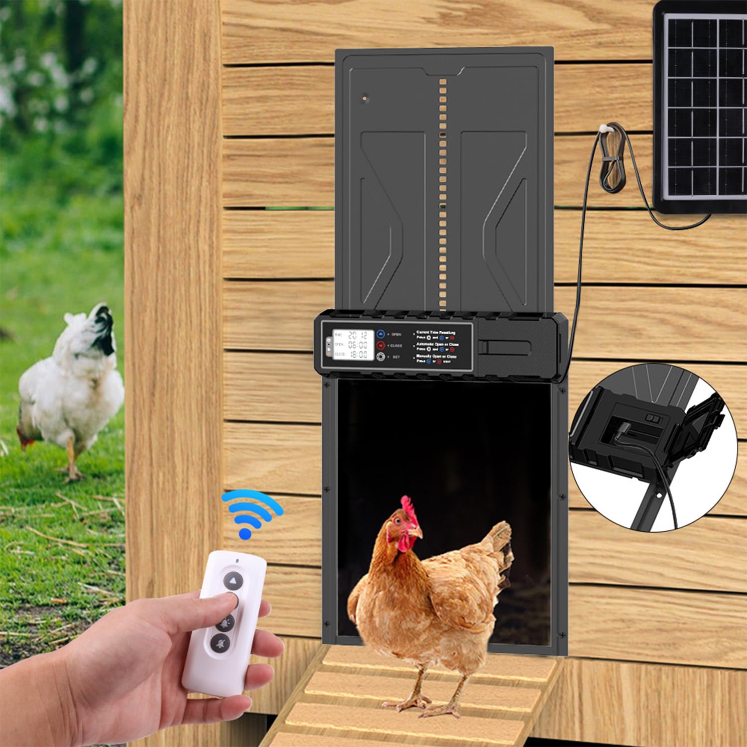 Fiqops Aluminum Automatische Hühnerklappe Solar, Elektrische Hühnerklappe Hühnertür mit Wasserdicht Großes Display, Timer, Intelligenter Einklemmschutz, Schwarz