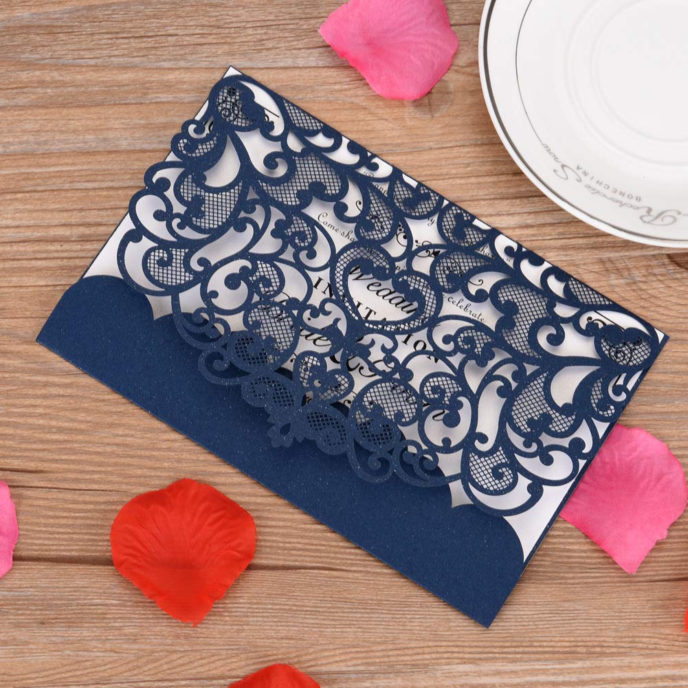 Eleva Confezione da 50 biglietti di invito per matrimonio, tagliati al laser, con carta bianca stampabile e buste, blu navy