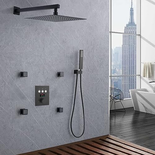 Miniatura 2 de Sistema de ducha negro mate de 12 pulgadas, juego completo de grifo de ducha montado en la pared, sistema de ducha de cuerpo completo con chorros