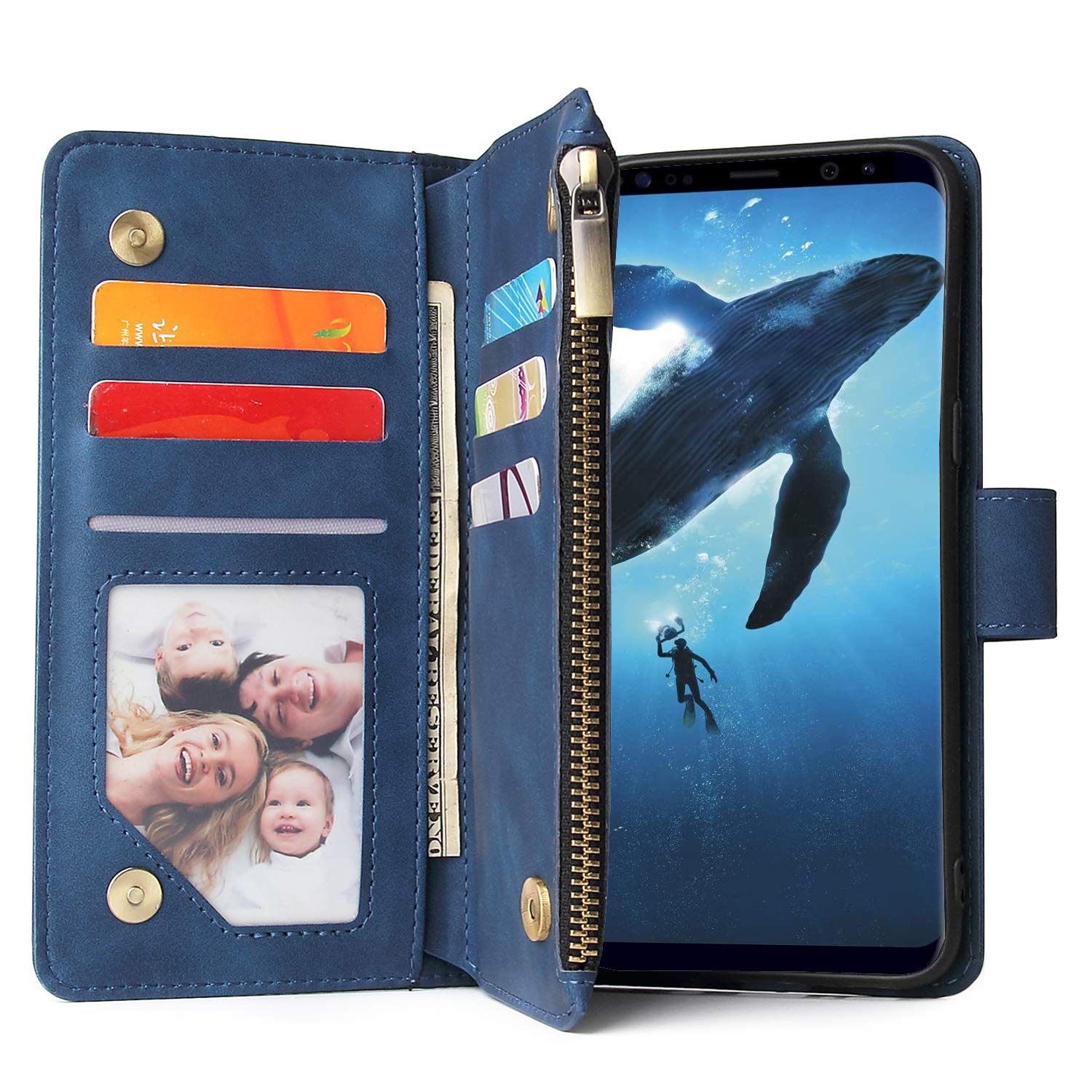 LBYZCASE Galaxy S9 Case,Samsung S9 Wallet Case,Luxury Folio Flip Leather Phone Cover[Zipper Pocket][Wrist Strap][Kickstand][Magnetic Closure] for Samsung Galaxy S9-Blue