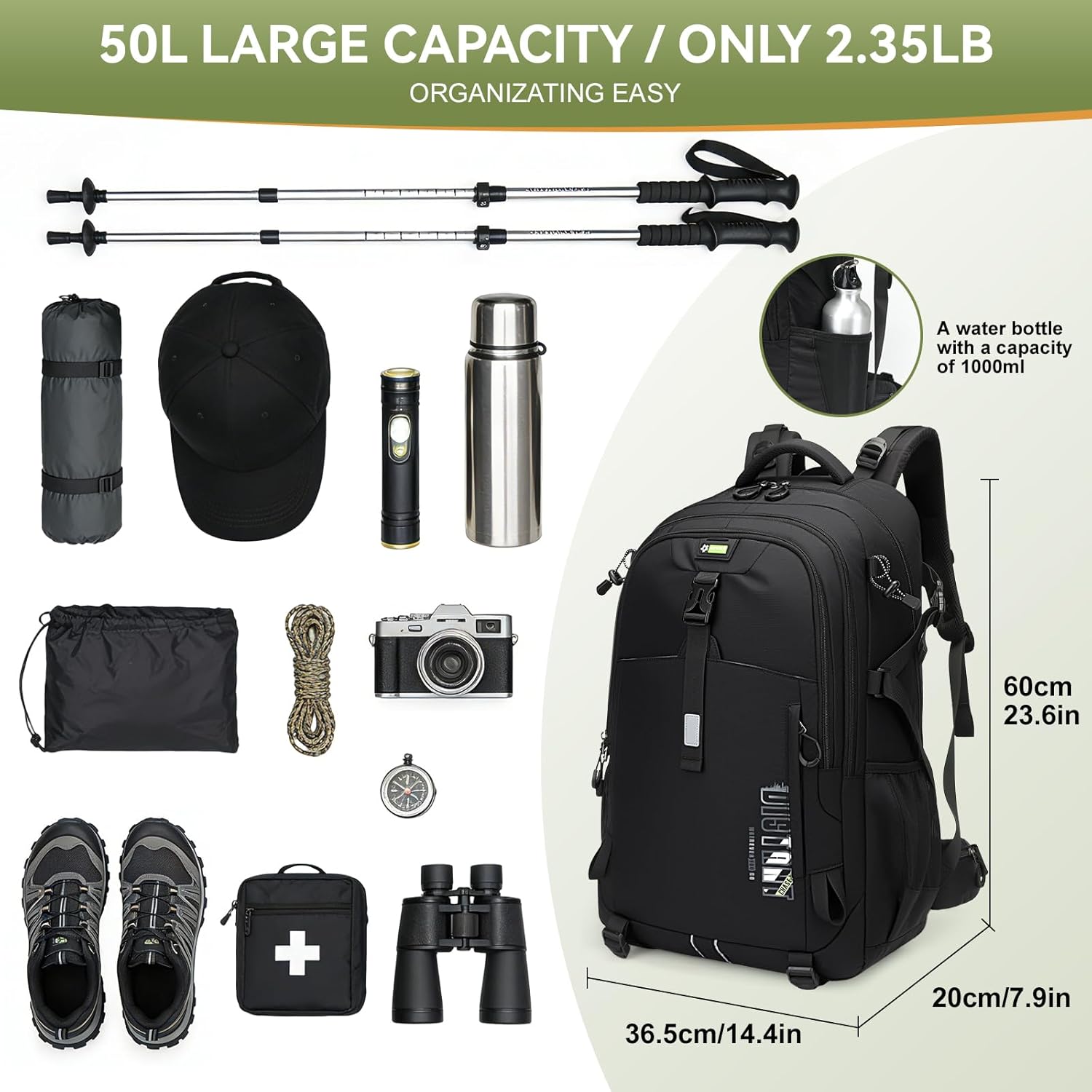 50L Lightweight Hiking Backpack for Men Women,Waterproof Camping Backpack with Trekking Pole Attachments,Large Capacity Outdoor Backpack for Trekking,Backpacking,Travel and Camping