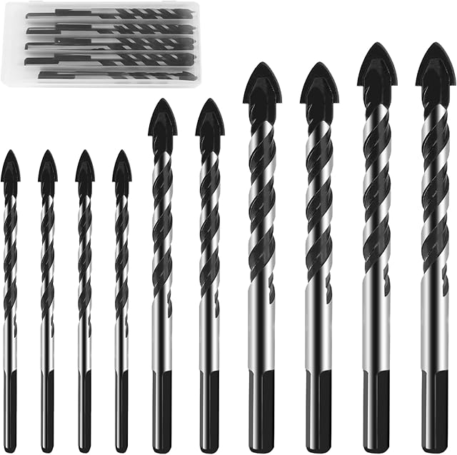 10-Piece Masonry Drill Bits Set with Storage Case, Industrial Strength Carbide Concrete Drill Bit with Triangle Handle for Wood, Tile, Brick, Glass, Concrete, Ceramic, Cinder Block