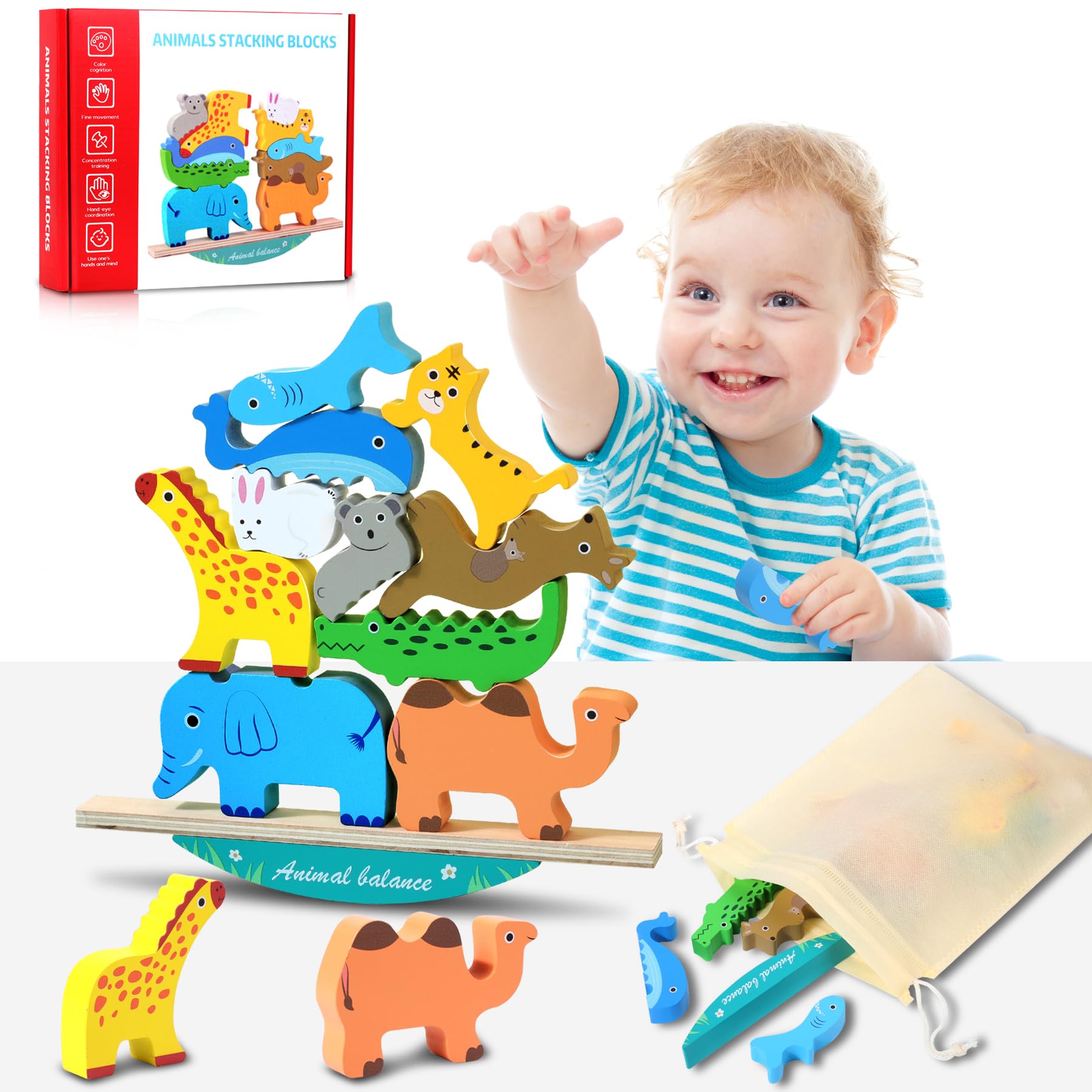 GUYUWE Montessori Juegos de Apilamiento Animal Juego de Equilibrio Apilable Bloques de Construcción Juguete Madera Juguetes Educativos para Bebés Niños 2 3 4 5 años (Animal)