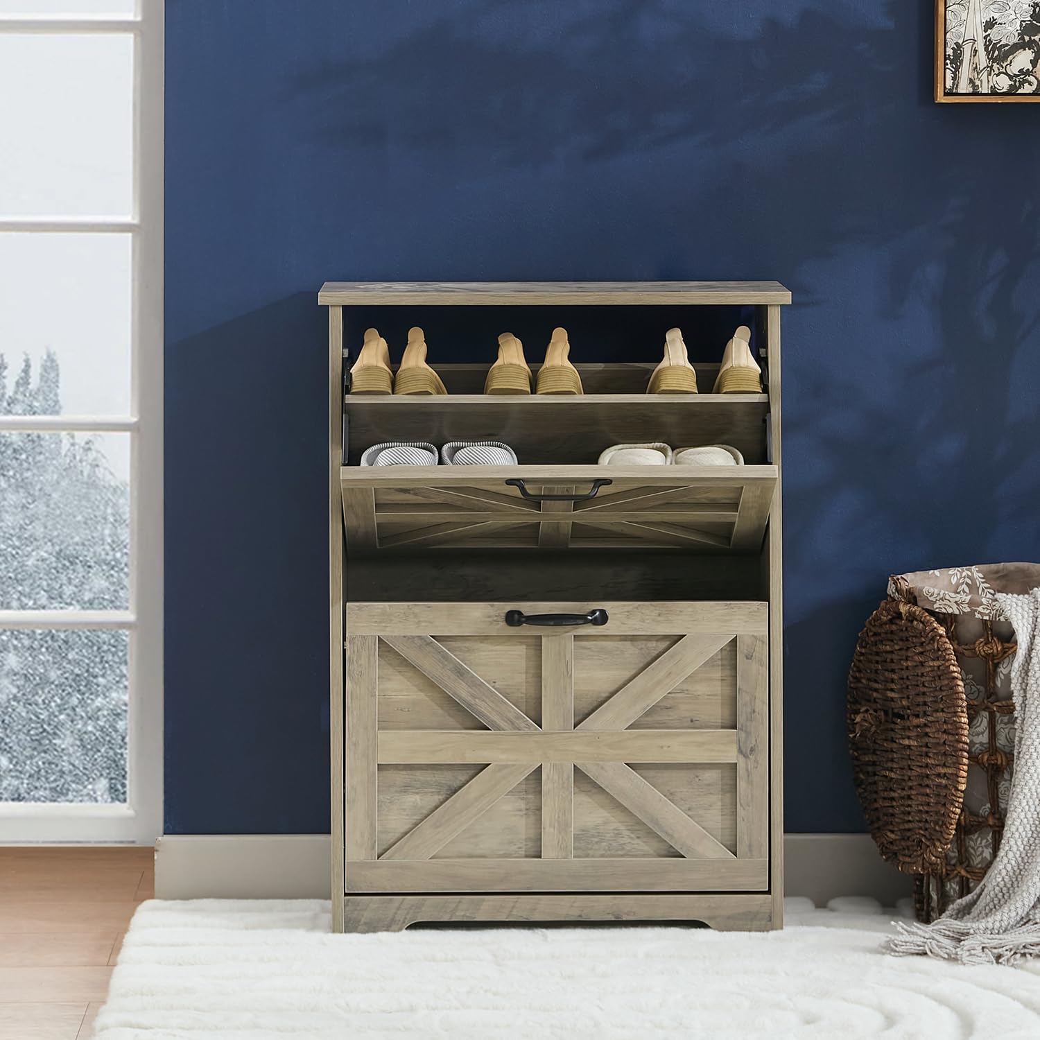 Shoe Cabinet with 2 Flip-Up Drawers, Adjustable Wooden Shoe Organizer with Shelf, Hidden Storage Cabinet for Entryway, Hallway, Living Room, Grey