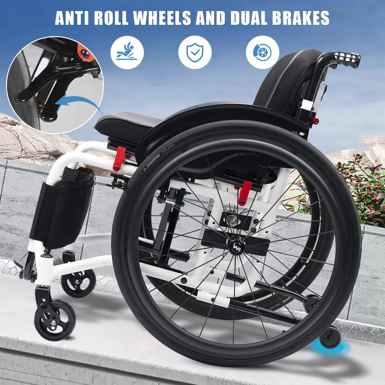 Rotelle Pieghevole, Sedia a Rotelle Leggera Sportiva, Sedia a rotelle Manuale semovente,Sedia a rotelle in Lega di Alluminio,Ruote Estraibili con Un Solo Pulsante(Seat Width 40cm/15.7in,B)