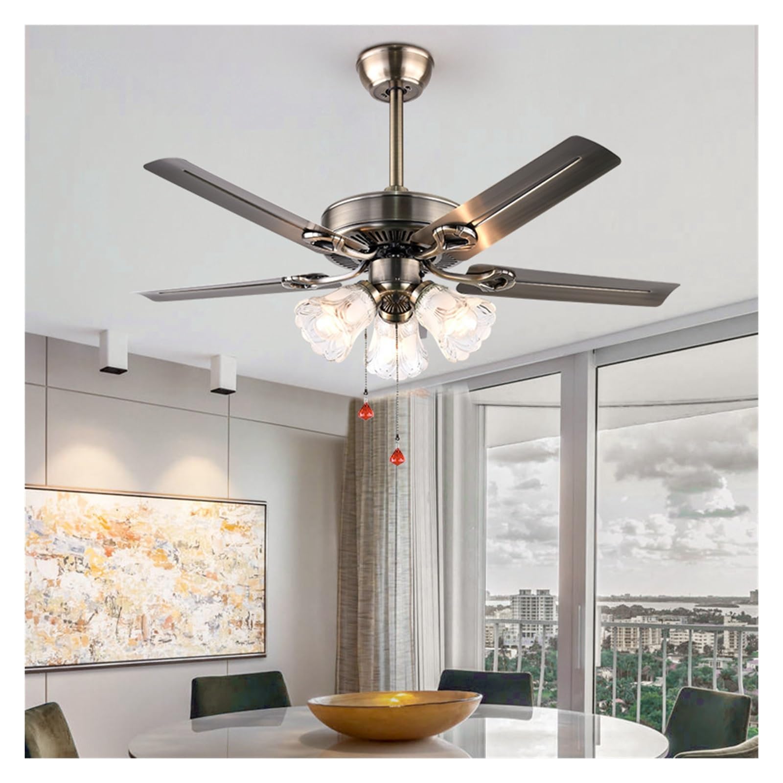 Ventilatore da soffitto con luci Ventilatore da soffitto con Pale in Ferro, frequenza variabile e Forte Flusso d'Aria, Moderno Stile Nordico for Soggiorno, Sala da Pranzo(3 Light,42inch)