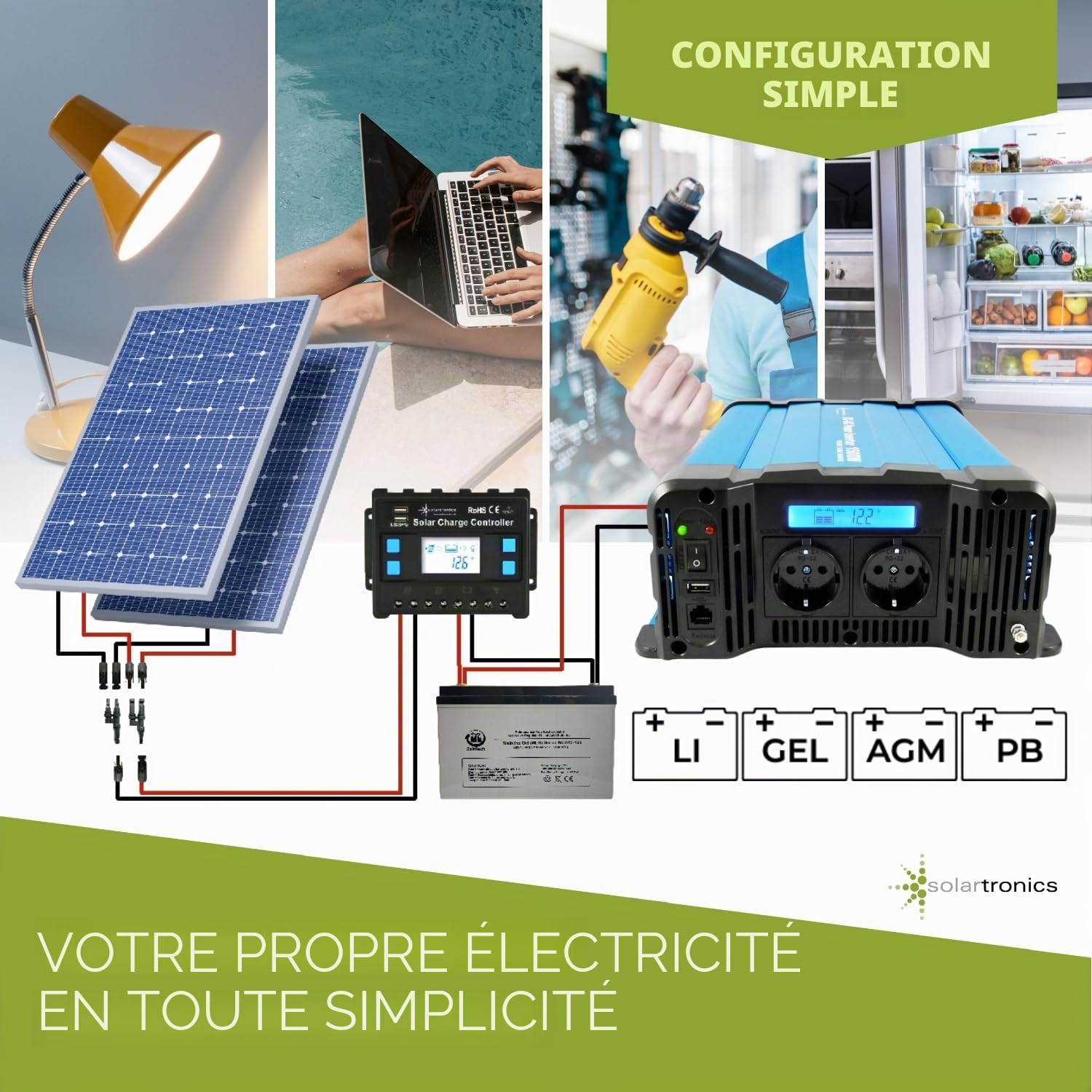 SOLARTRONICS FS1500D Convertisseur 12V 230V Pur Sinus 1500W - 3000W Puissance de crête - Convertisseur de 12V à 230V avec écran, Prise Schuko & USB