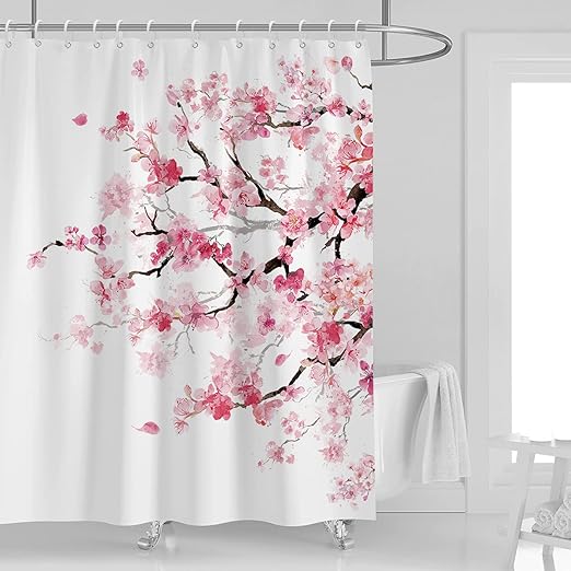Pink Cherry Blossom Shower Curtain 60''W x 72''L White Flowers Floral Sakura Blooming Plum Japanese Asian Anime Art Style Polyester Fabric Waterproof 12 Pack Plastic Hooks